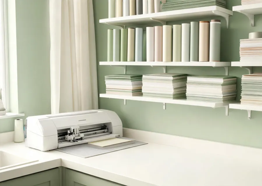 Minimal Cricut studio with machines and material shelves