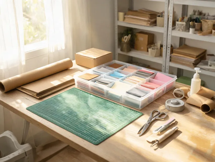 Reusable craft materials and paper scraps sorted neatly